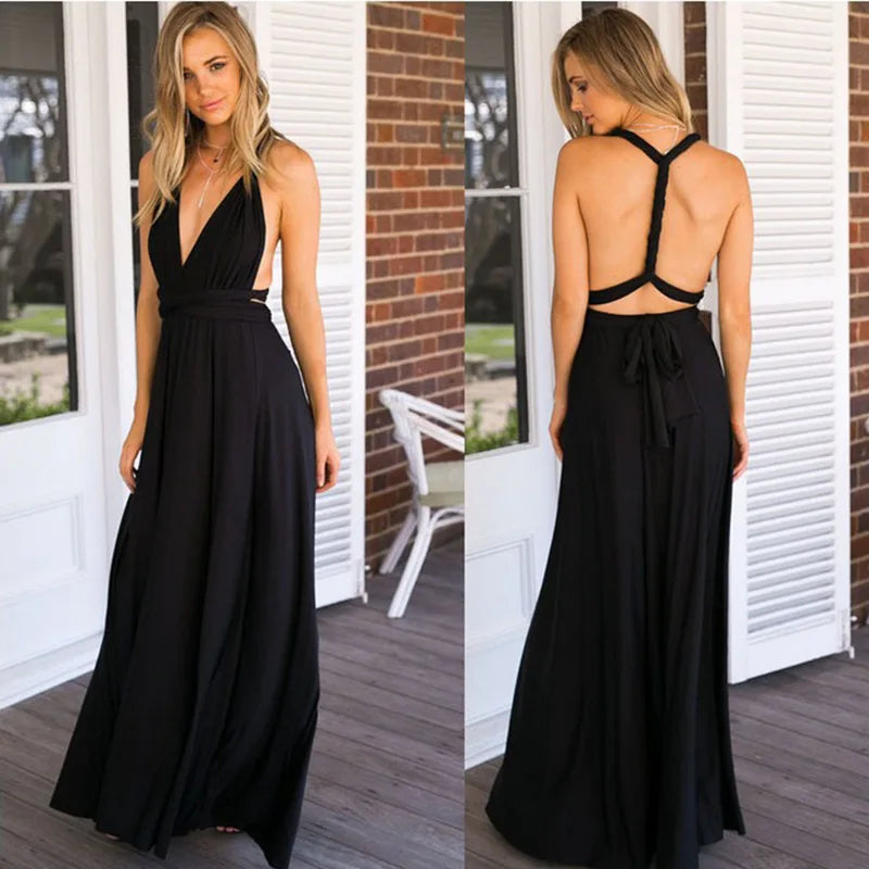 A woman wearing a convertible backless wrap maxi dress available in black or red, showing both front and back views.
