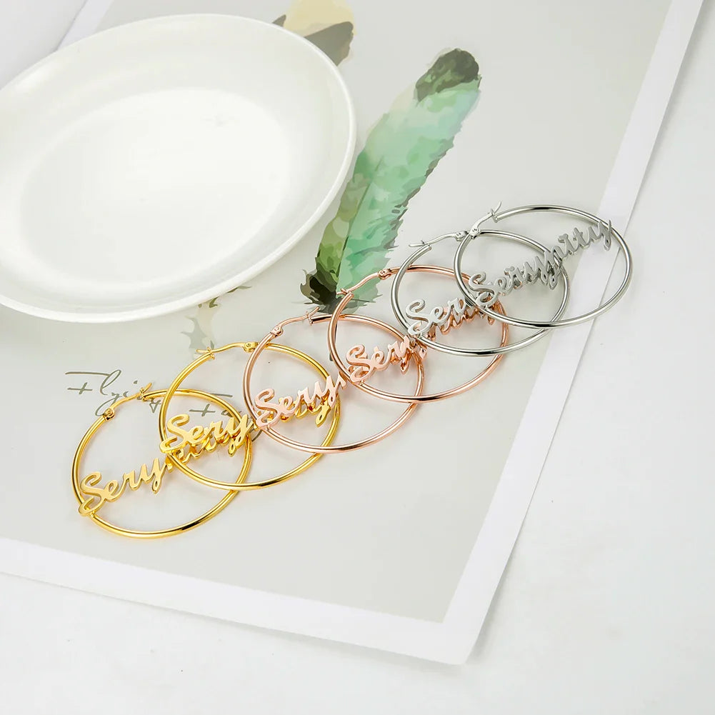 Sipuris Stainless Steel Personalized Customize Name Hoop Earrings Jewelry For Women Girls Circle Earring Fashion 30-60 MM