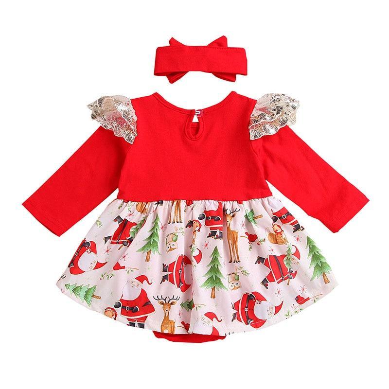 Baby Girl Christmas Long Sleeve Ruffle Romper Dress in Red/White