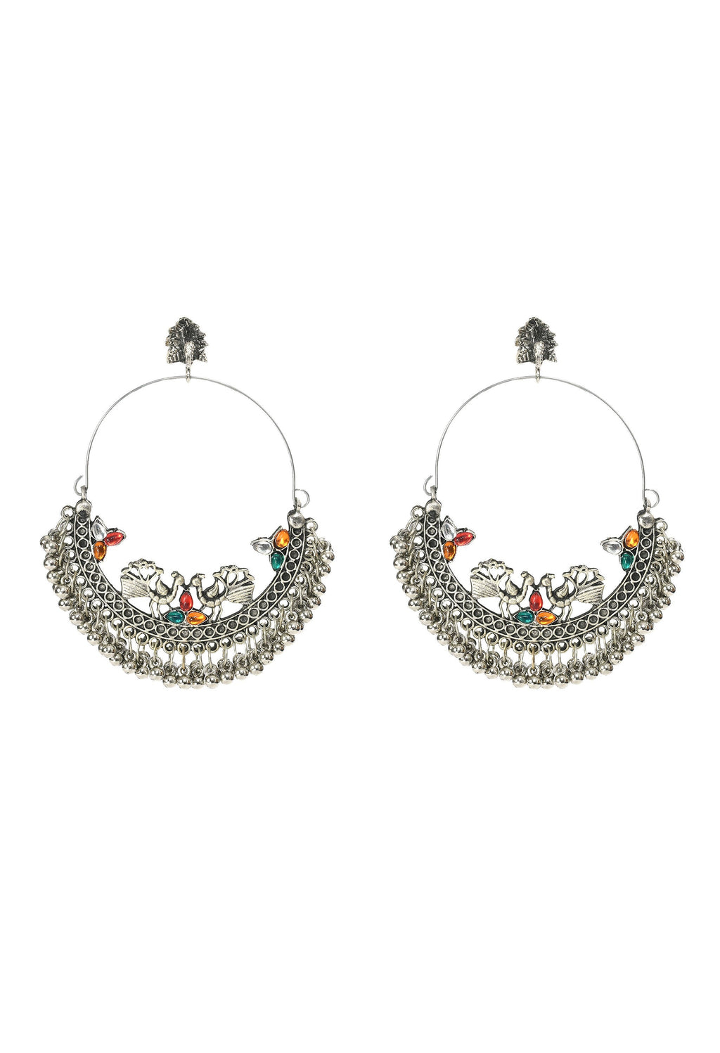 Peacock design Chandbali earrings with multicolor accents and silver finish.