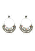 Peacock design Chandbali earrings with multicolor accents and silver finish.