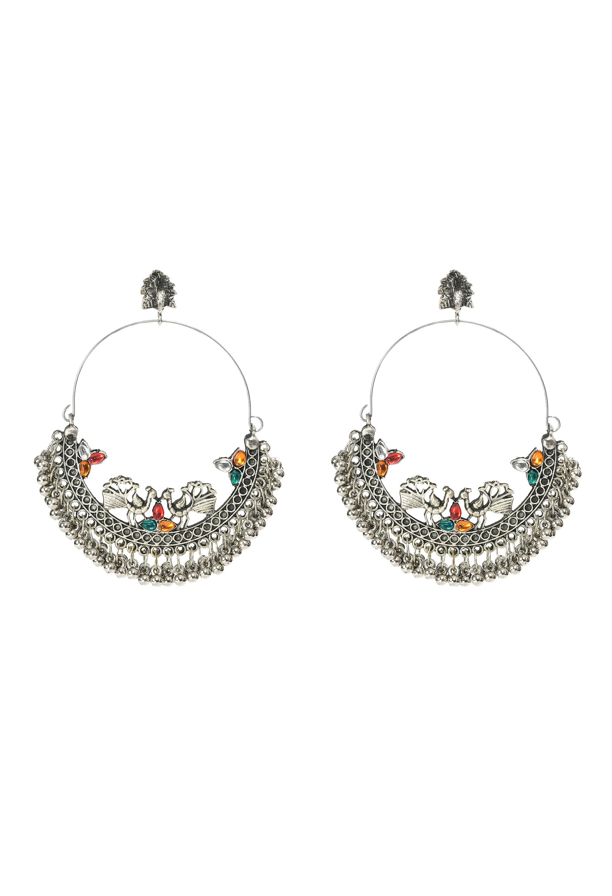 Peacock design Chandbali earrings with multicolor accents and silver finish.