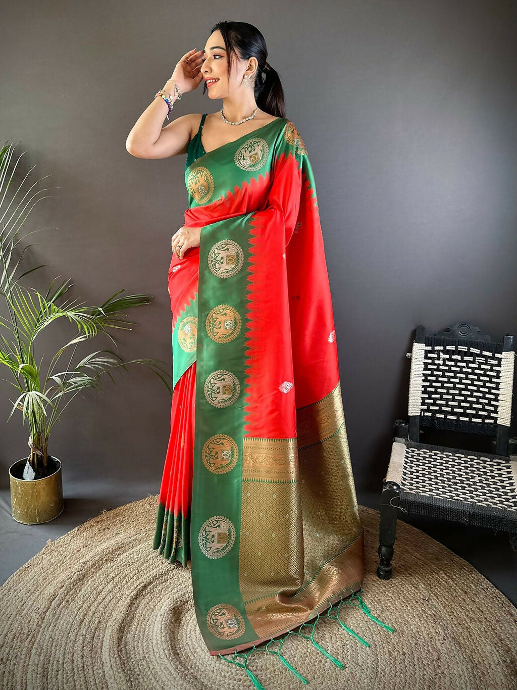 Vibrant green Banarasi silk saree with butti detailing and unstitched blouse