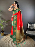 Vibrant green Banarasi silk saree with butti detailing and unstitched blouse