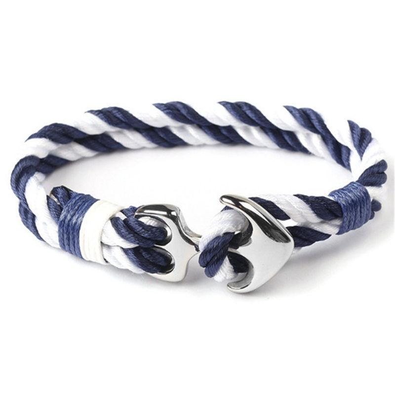 Unisex Nautical Anchor Rope Bracelet in Blue Red White Silver