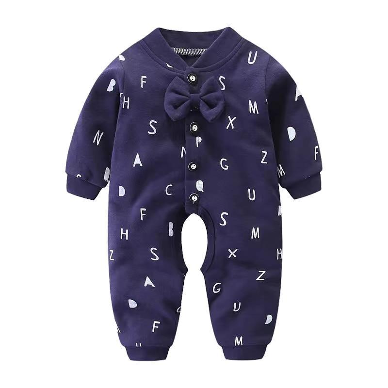Newborn unisex long sleeve cotton sleeper in navy and white with snap closures