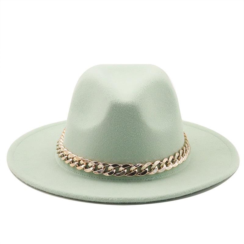 Elegant Green Wide Brim Fedora Hat with Chain Band