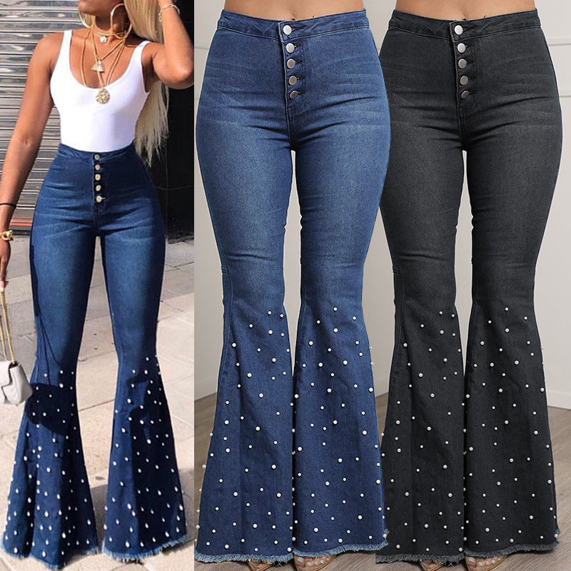 Pearl Beaded Skinny Denim Jeans | Black Blue Slim Fit