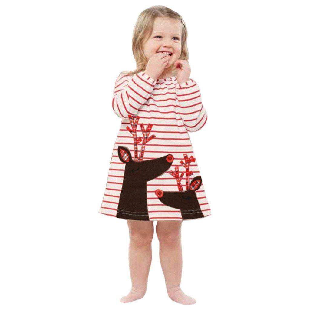 Toddler Girls Christmas Cartoon Deer Stripe Princess Party Dress