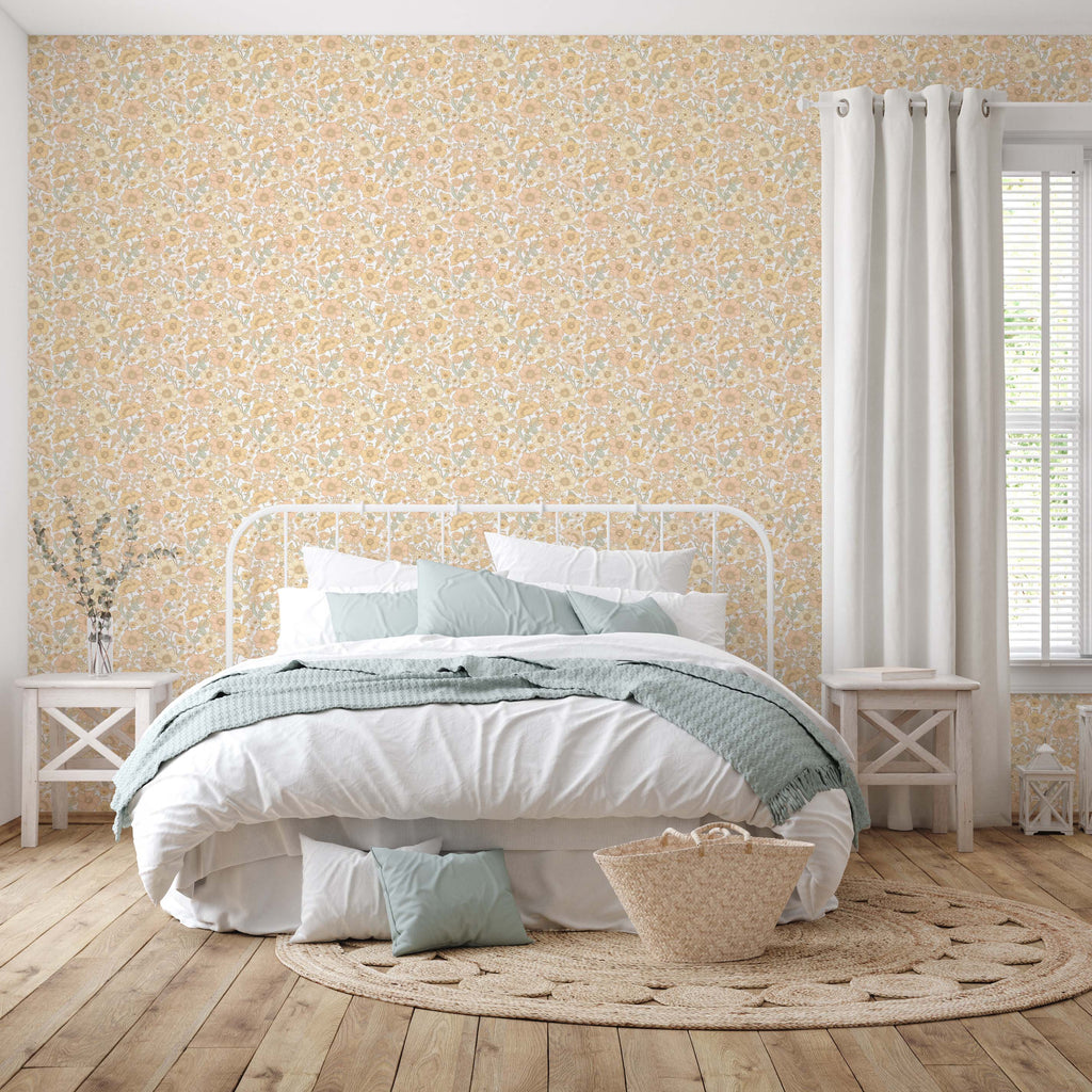 Heather Floral Removable Wallpaper in Soft Peach and Cream Vintage