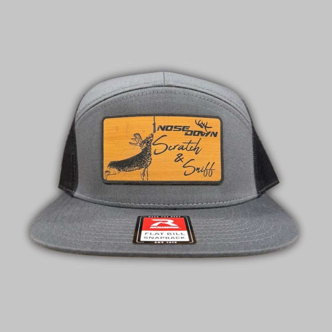 Unisex 7 panel camo snapback hat with flat bill and hunting aesthetic