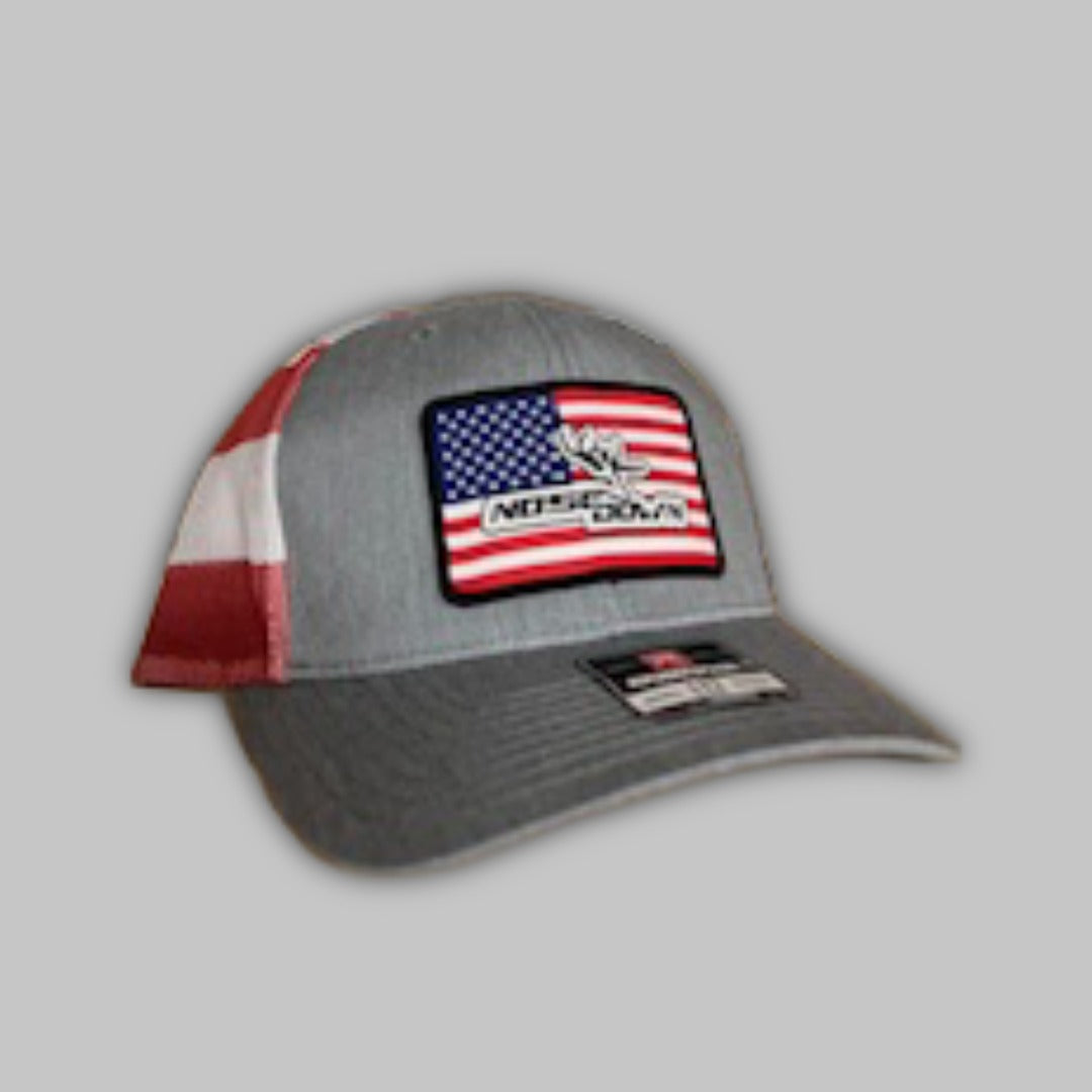 American Flag trucker hat with breathable mesh back and structured crown