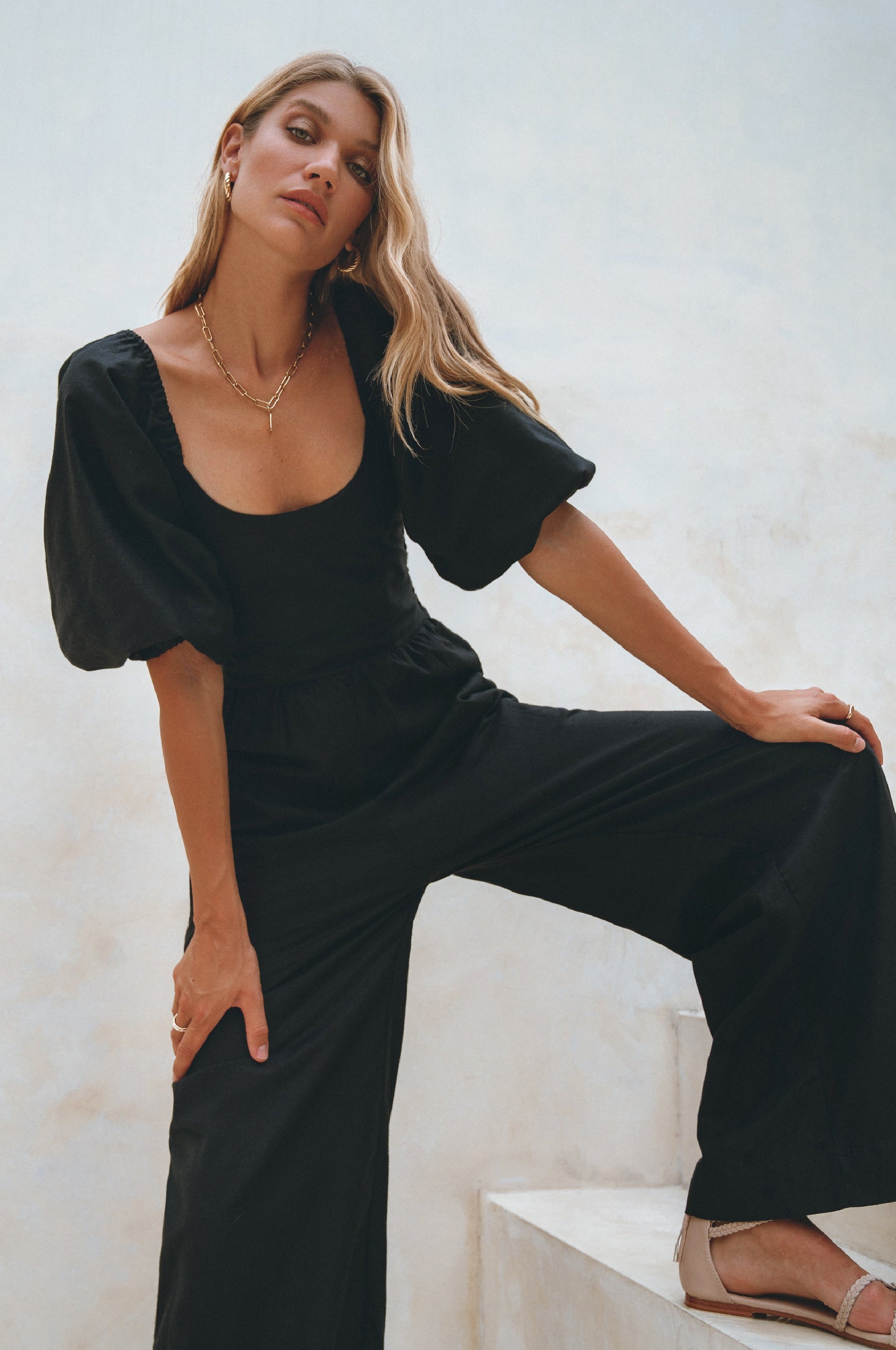 Women's Organic Linen Jumpsuit - Smocked Back