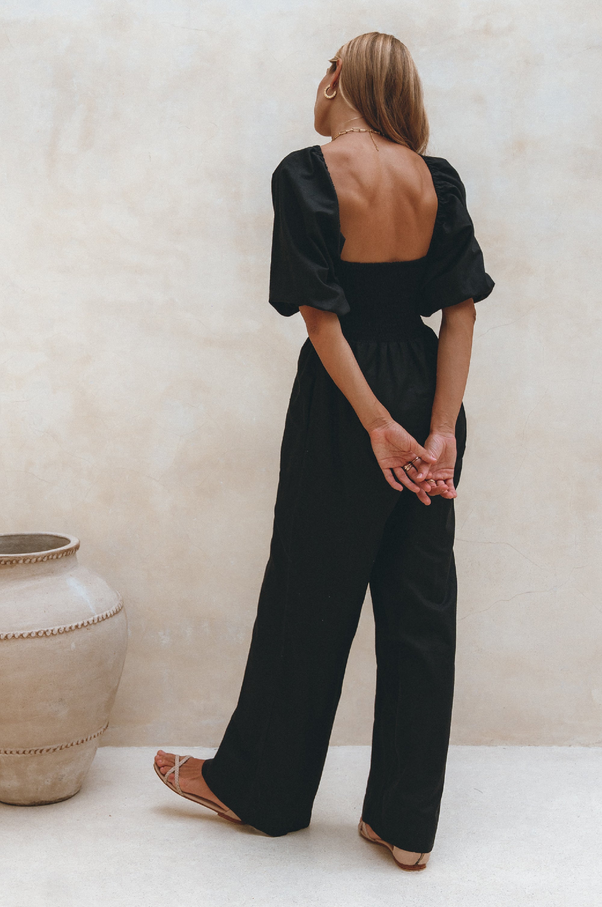 Women's Organic Linen Jumpsuit - Smocked Back