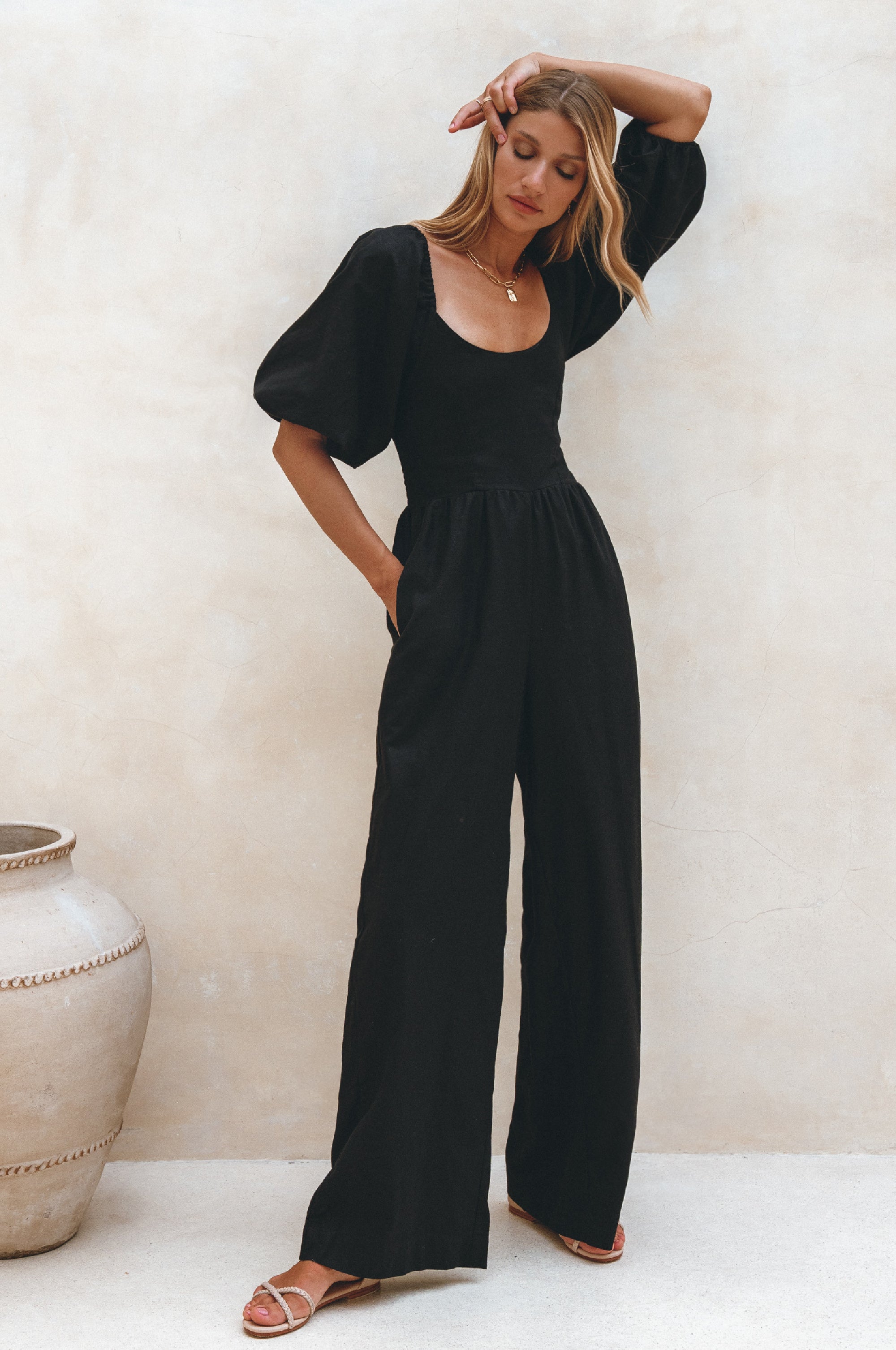 Women's Organic Linen Jumpsuit - Smocked Back