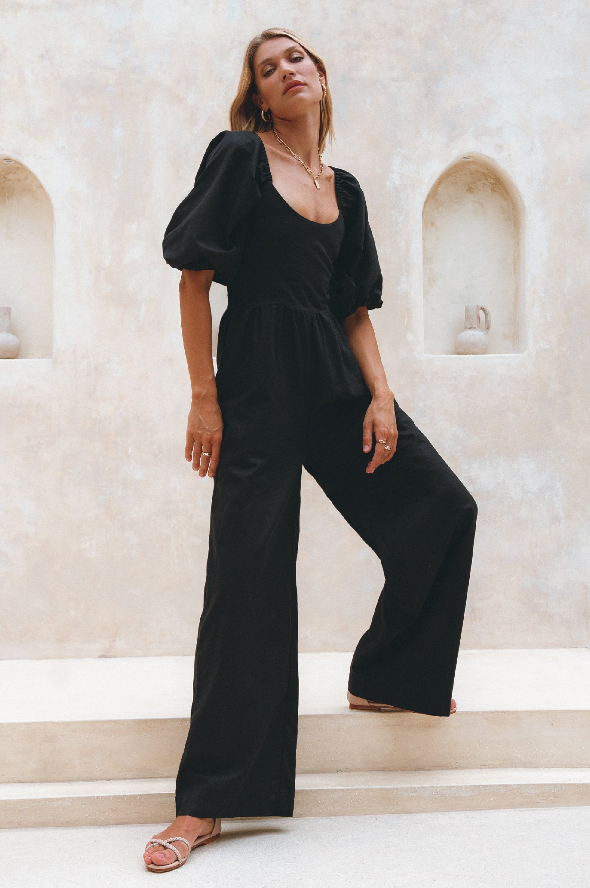 Women's Organic Linen Jumpsuit - Smocked Back