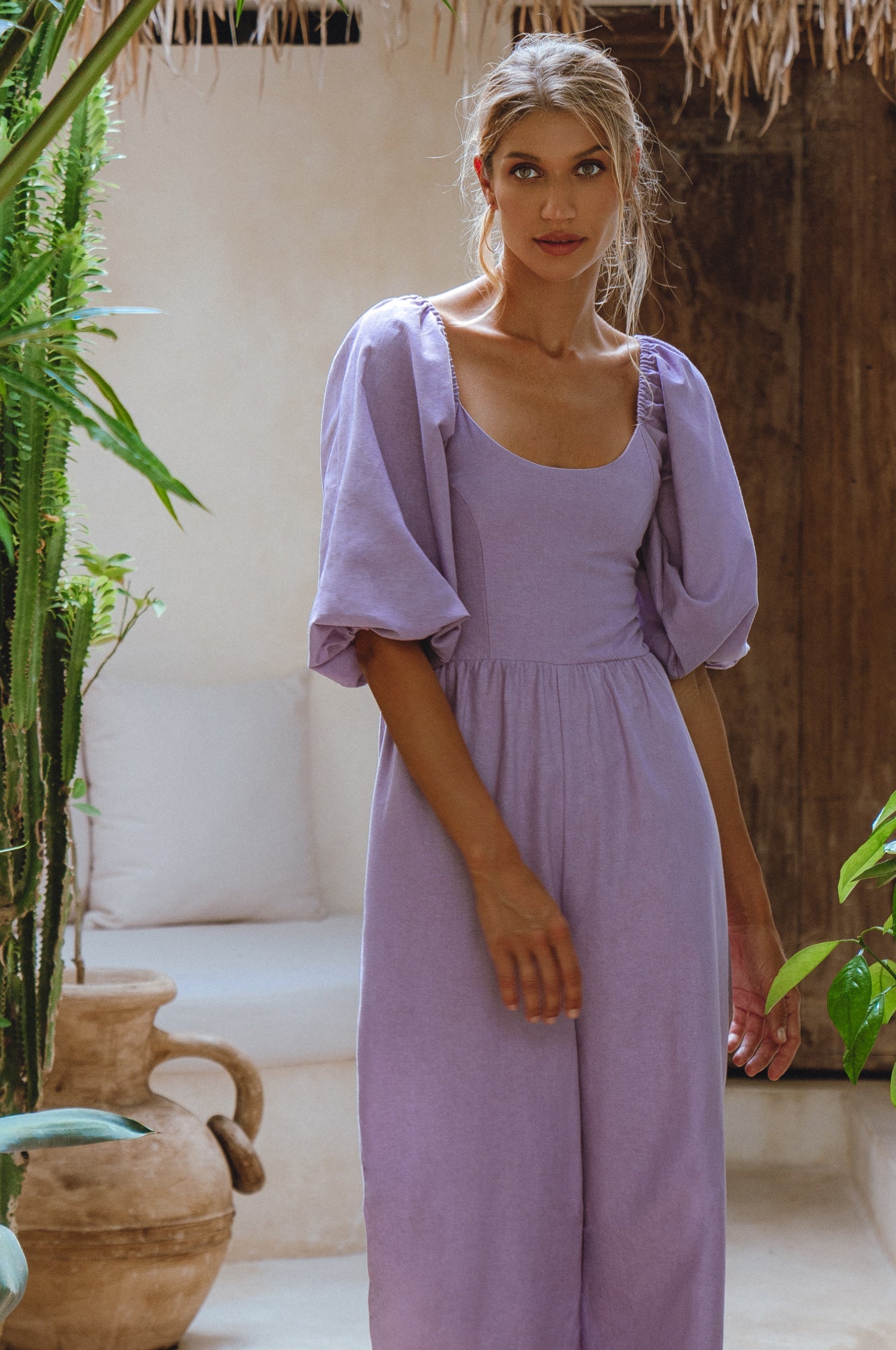 Women's Organic Linen Jumpsuit - Smocked Back