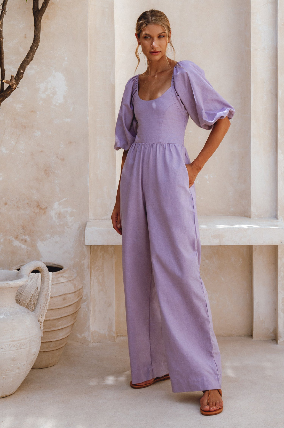 Women's Organic Linen Jumpsuit - Smocked Back