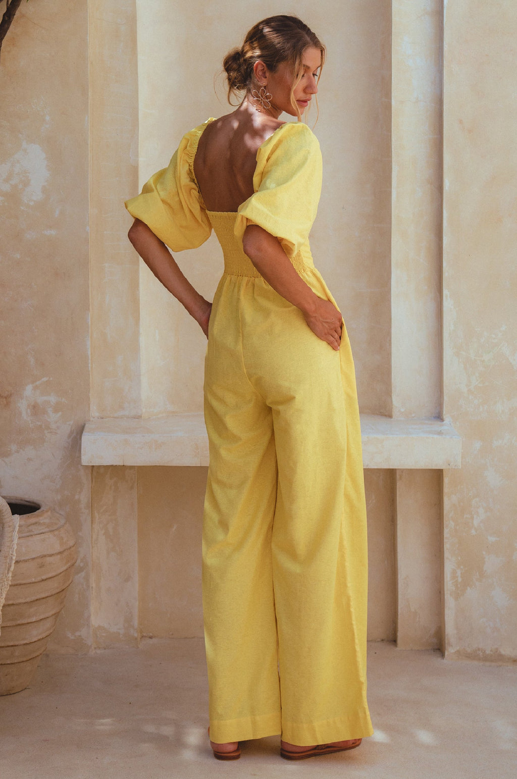 Women's Organic Linen Jumpsuit - Smocked Back