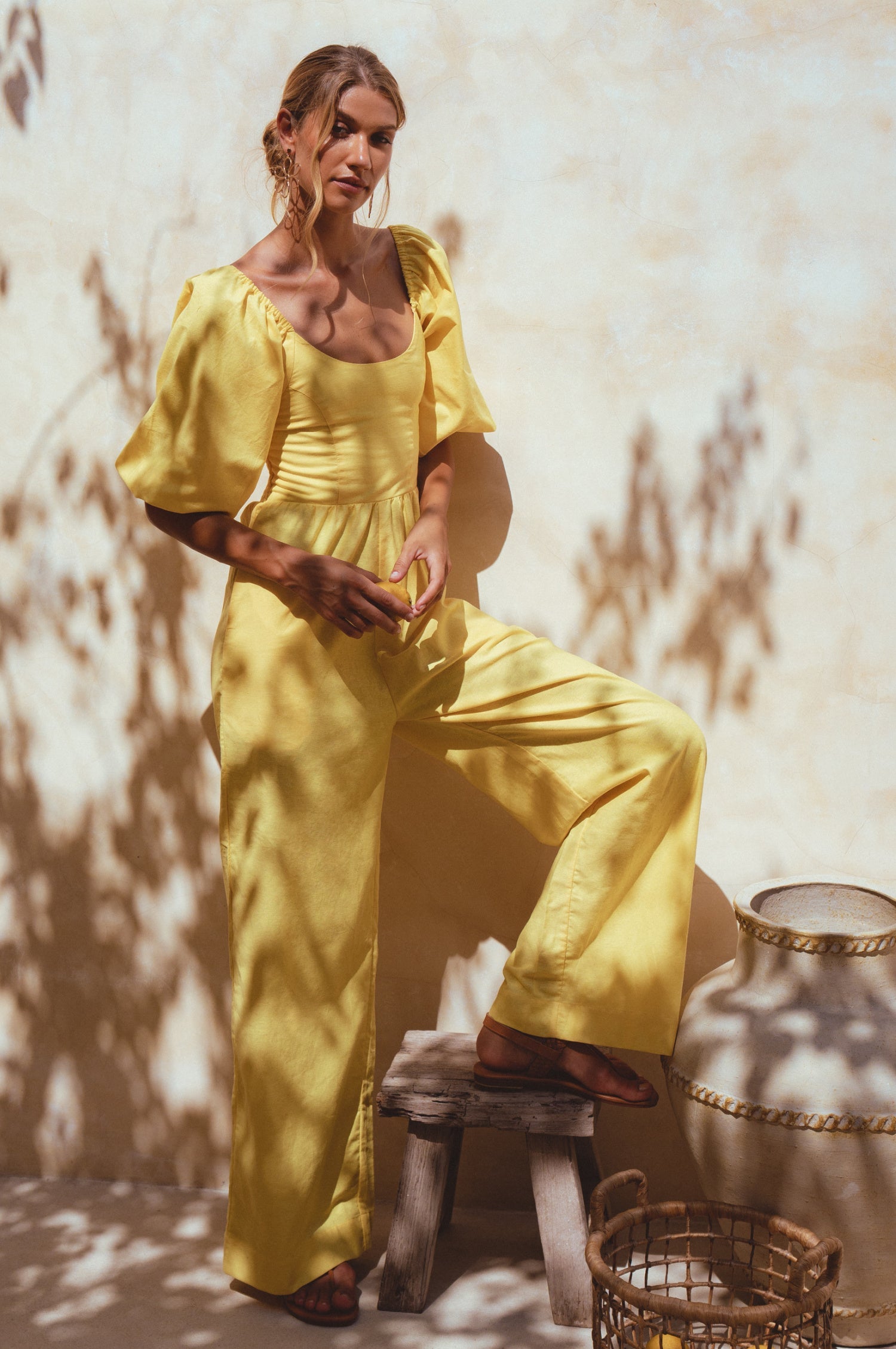 Women's Organic Linen Jumpsuit - Smocked Back