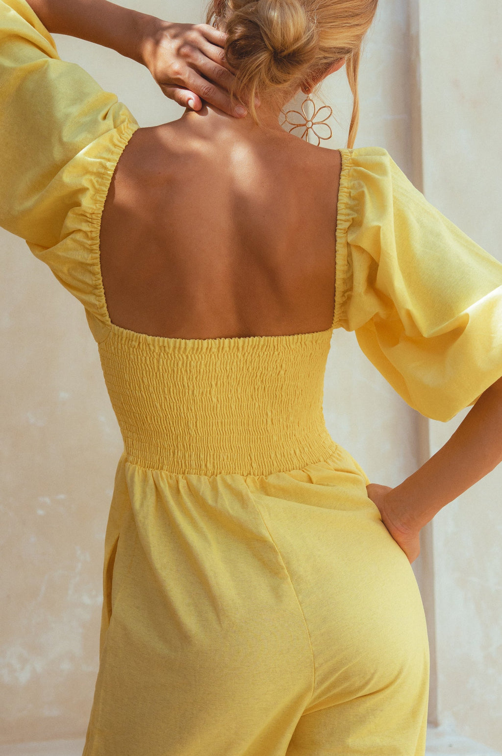 Women's Organic Linen Jumpsuit - Smocked Back