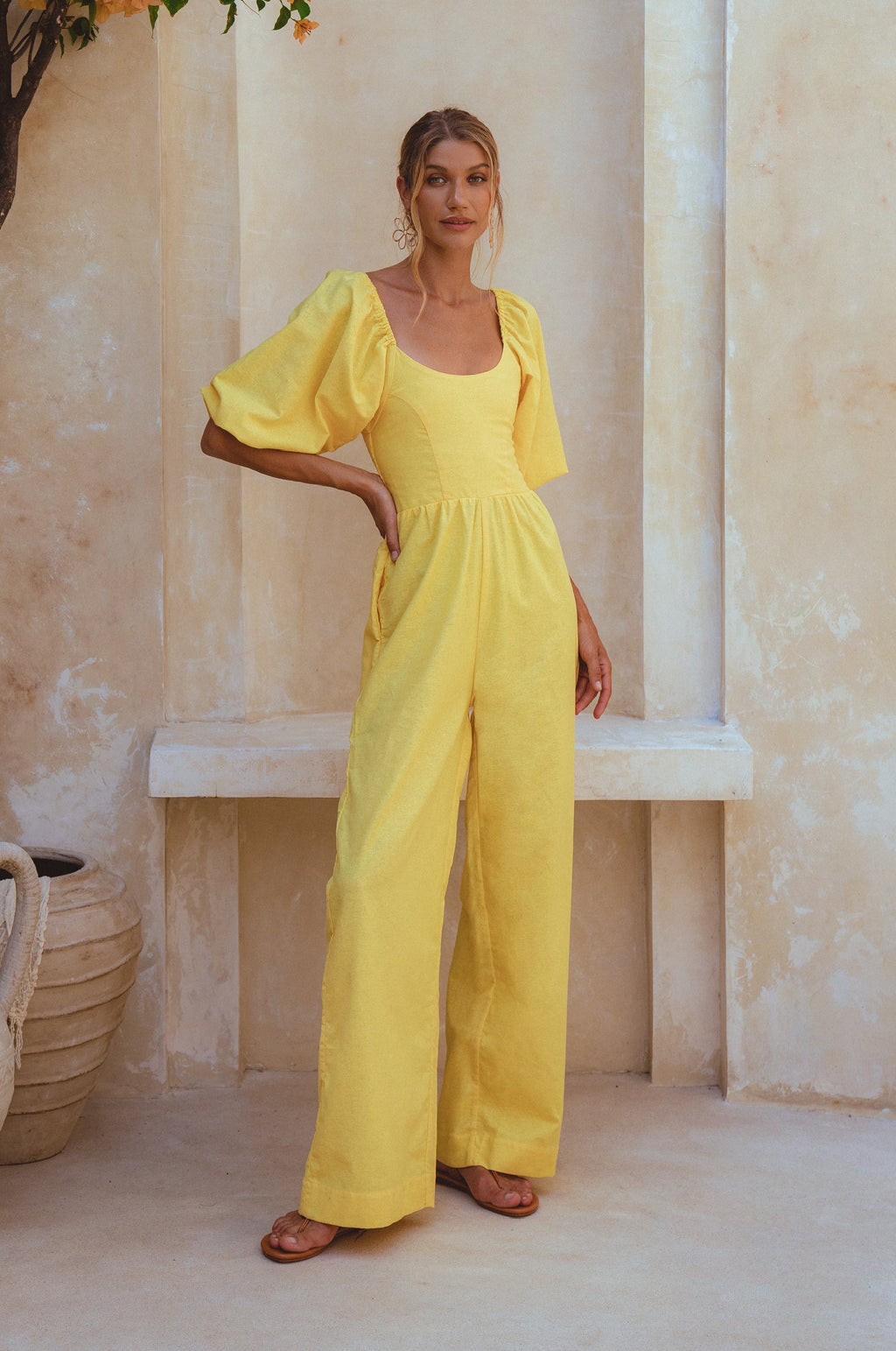 Women's Organic Linen Jumpsuit - Smocked Back