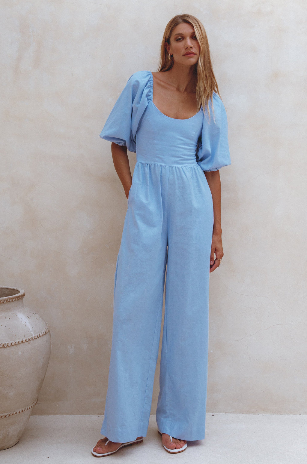 Women's Organic Linen Jumpsuit - Smocked Back