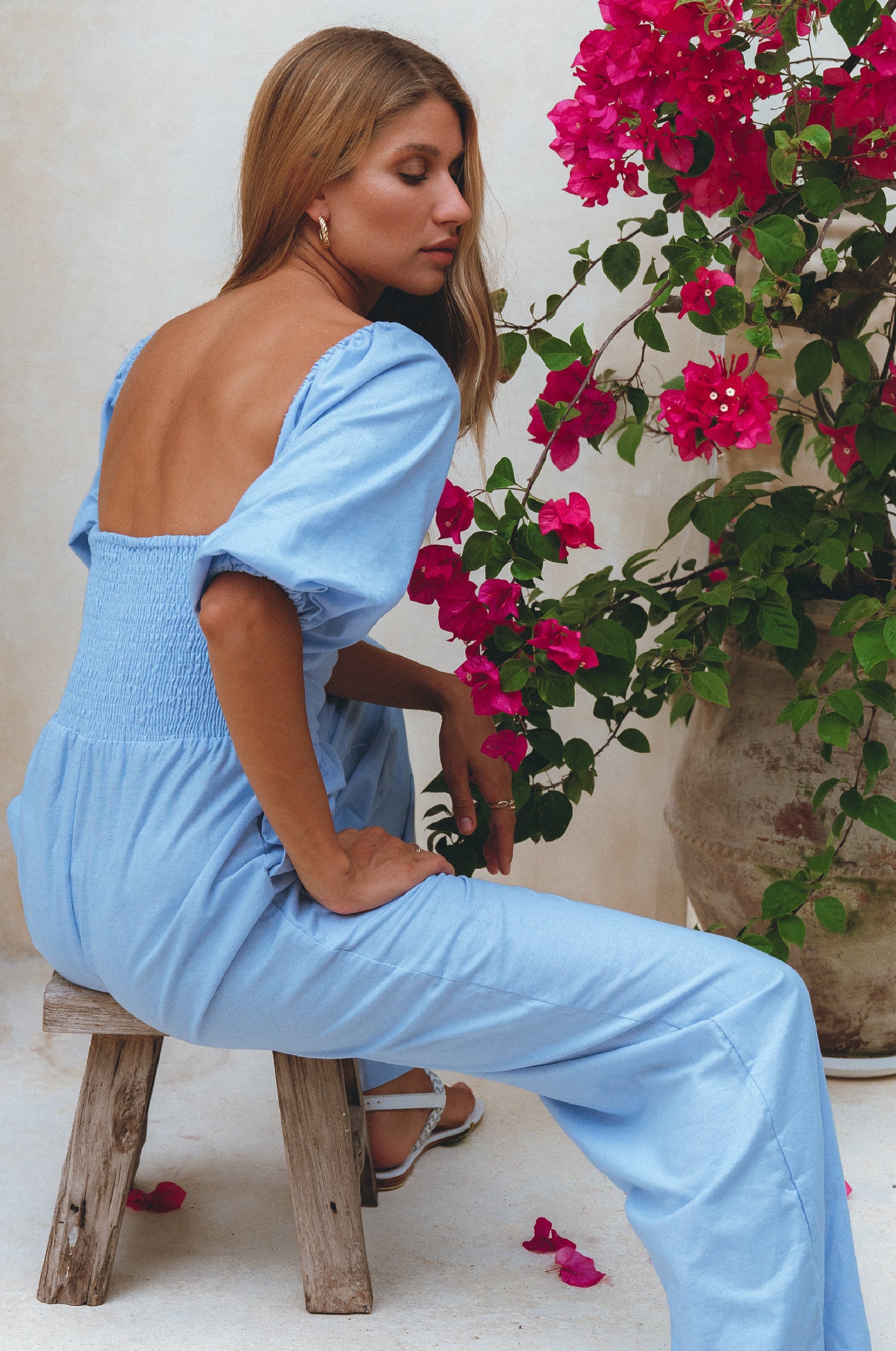 Women's Organic Linen Jumpsuit - Smocked Back