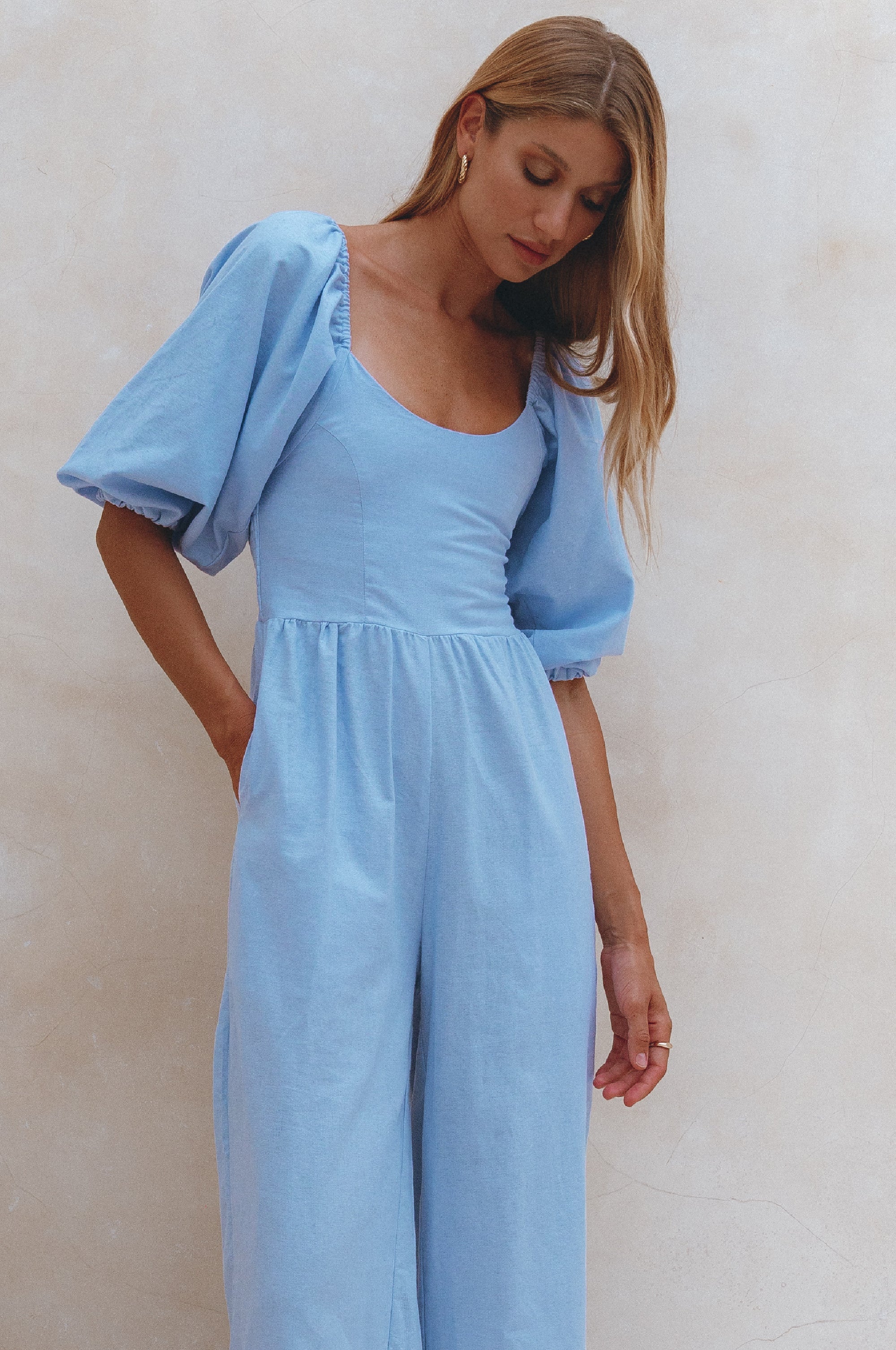 Women's Organic Linen Jumpsuit - Smocked Back