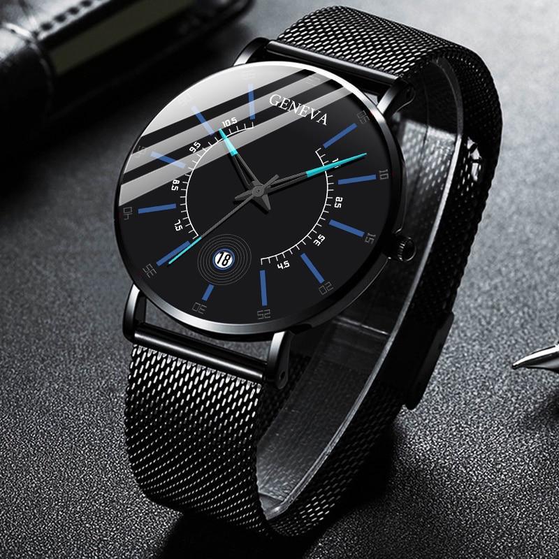 Ultra-thin stainless steel mesh quartz watch for men with dark gray brass dial