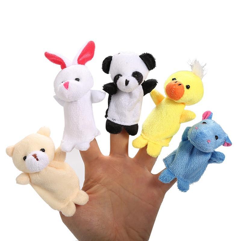 A set of 10 vibrant, multi-colored cartoon animal finger puppets for kids storytelling.