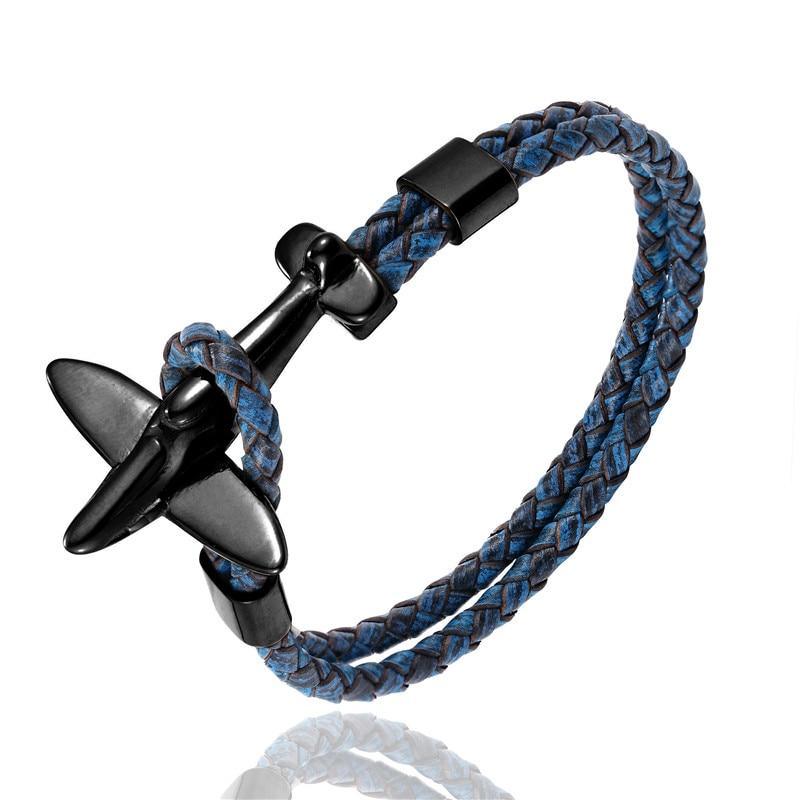 Retro Leather and Stainless Steel Airplane Anchor Bracelet Set