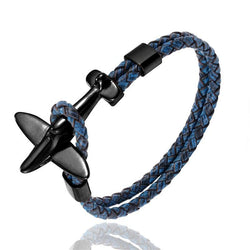 Retro Leather and Stainless Steel Airplane Anchor Bracelet Set