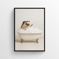 Photorealistic poster of a cute hedgehog sitting in a white clawfoot bathtub on a white background.