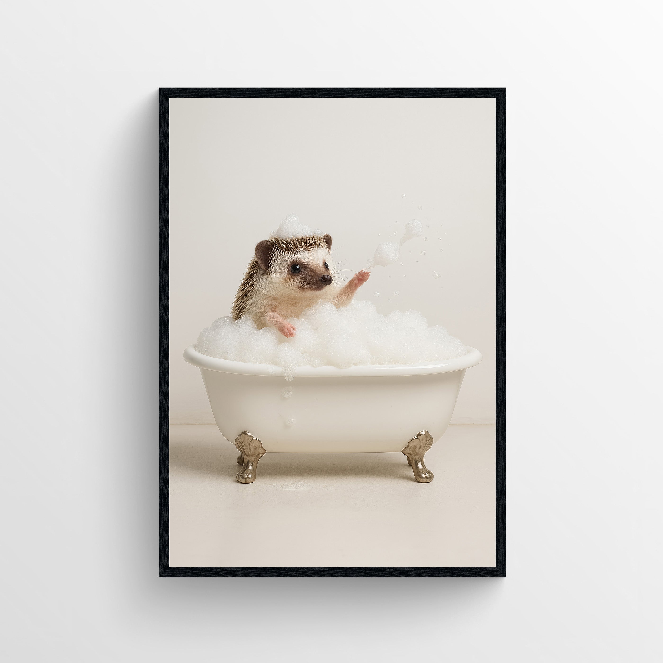 Photorealistic poster of a cute hedgehog sitting in a white clawfoot bathtub on a white background.