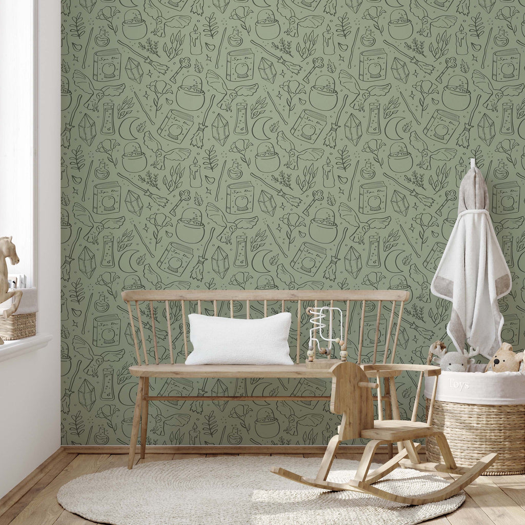 Hedwig Whimsical Wizarding-Core Wallpaper in Sage and Charcoal