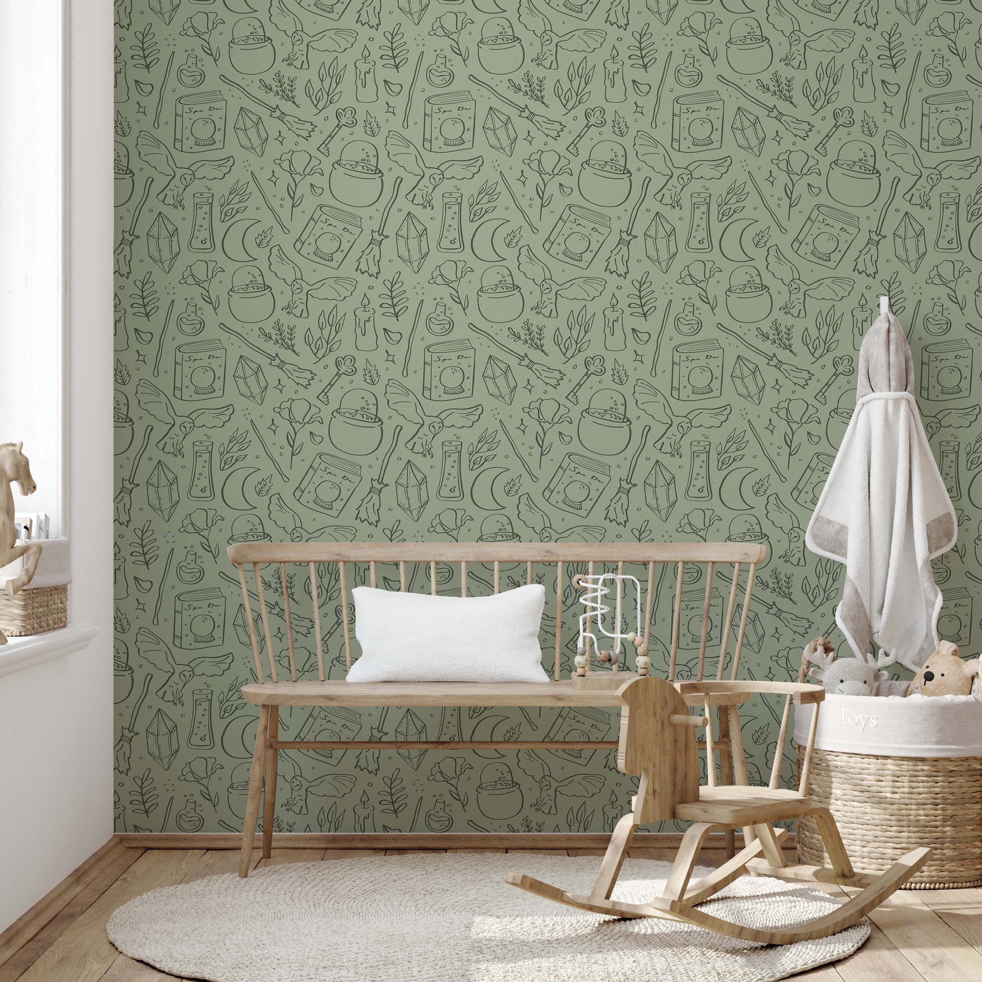 Hedwig Whimsical Wizarding-Core Wallpaper in Sage and Charcoal