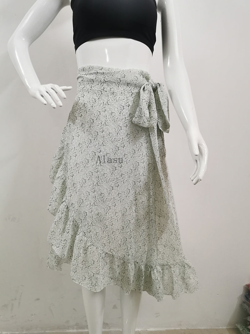 Spring Flower Wrap Bandage Skirt Floral Boho Clothing Summer Asymmetrical Skirt Women Beach Ruffled Maxi Skirt