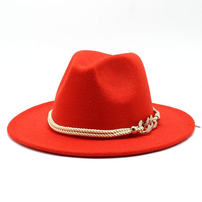 Classic White Wide Brim Fedora Hat with Chain Detail for Summer
