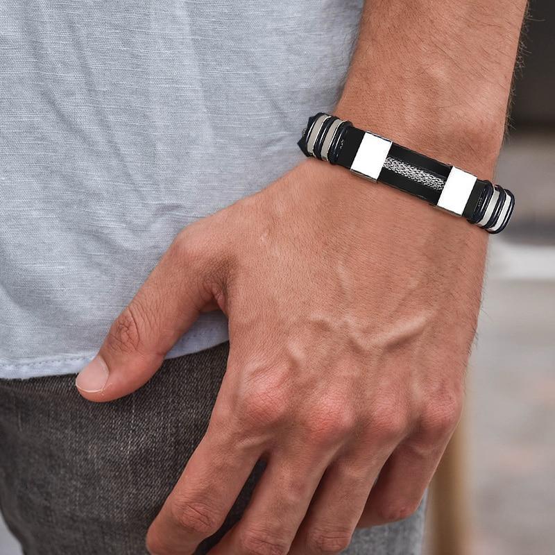 Men's Stainless Steel Rudder Bracelet with Silicone Mesh Link