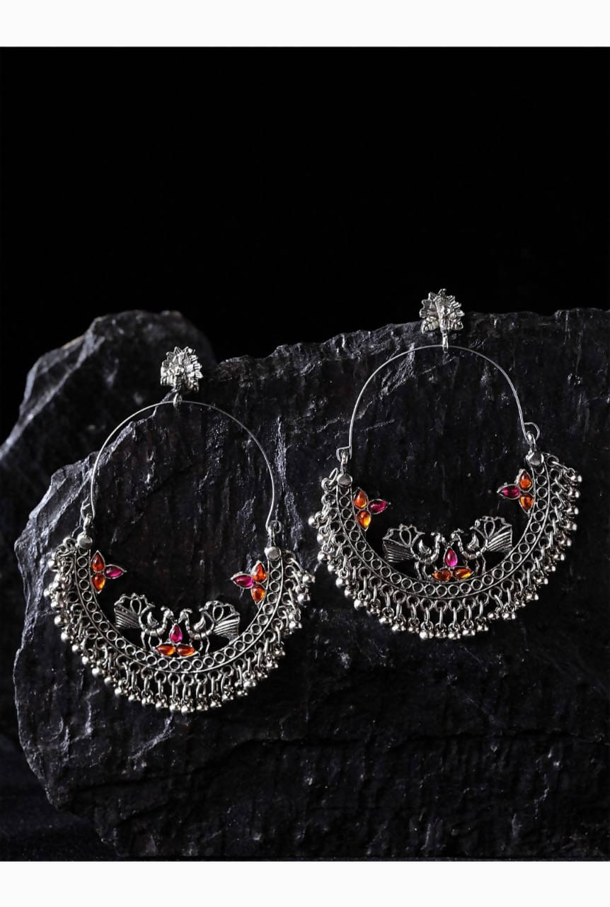 Silver-Plated Peacock Chandbali Earrings with Multi-Color Accents