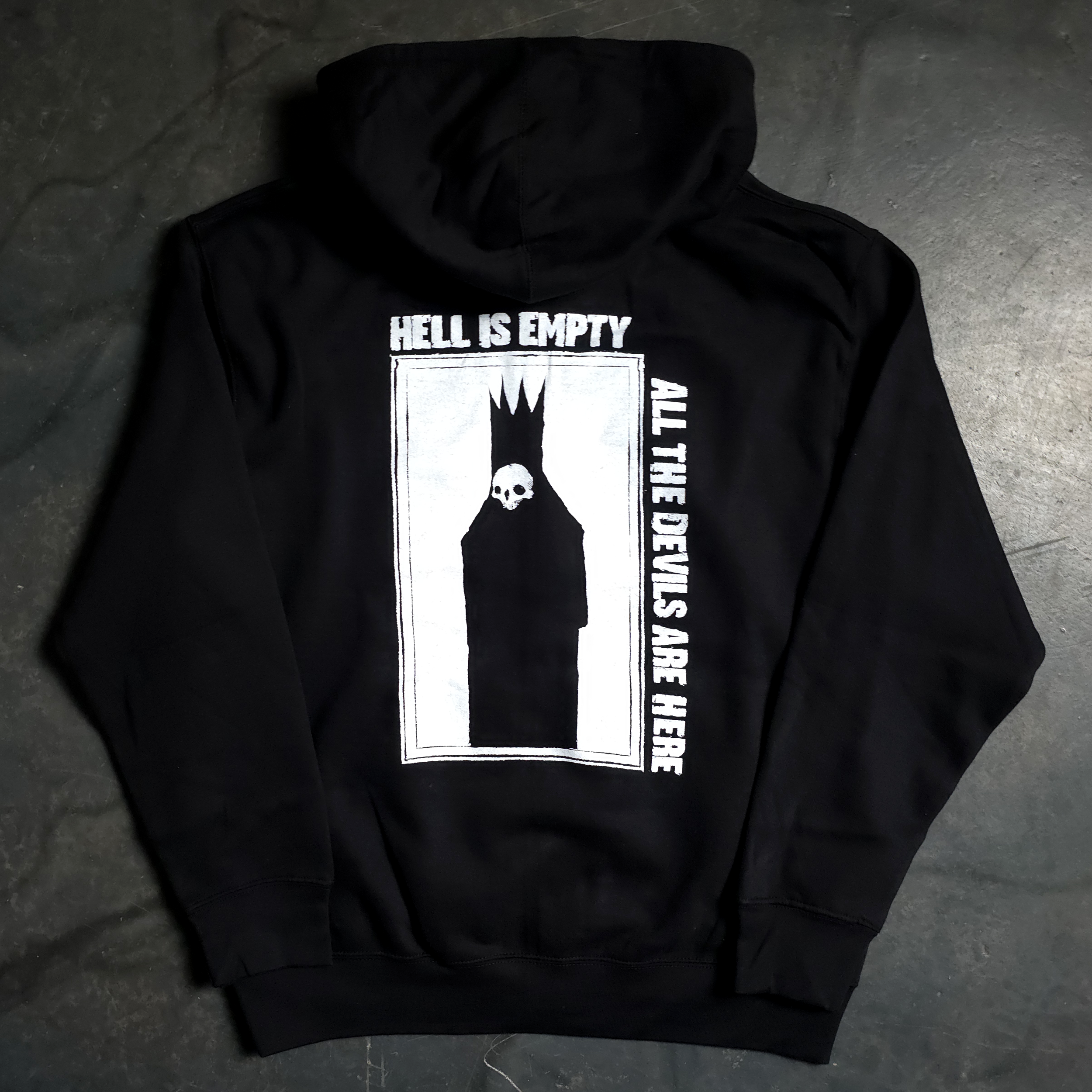 Black zip-up hoodie with Hell Is Empty graphic print on back and front