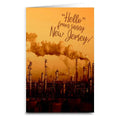 Ironic greeting card in orange and brown with the text Hello from sunny New Jersey
