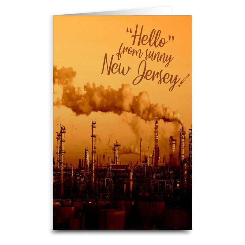 Ironic greeting card in orange and brown with the text Hello from sunny New Jersey