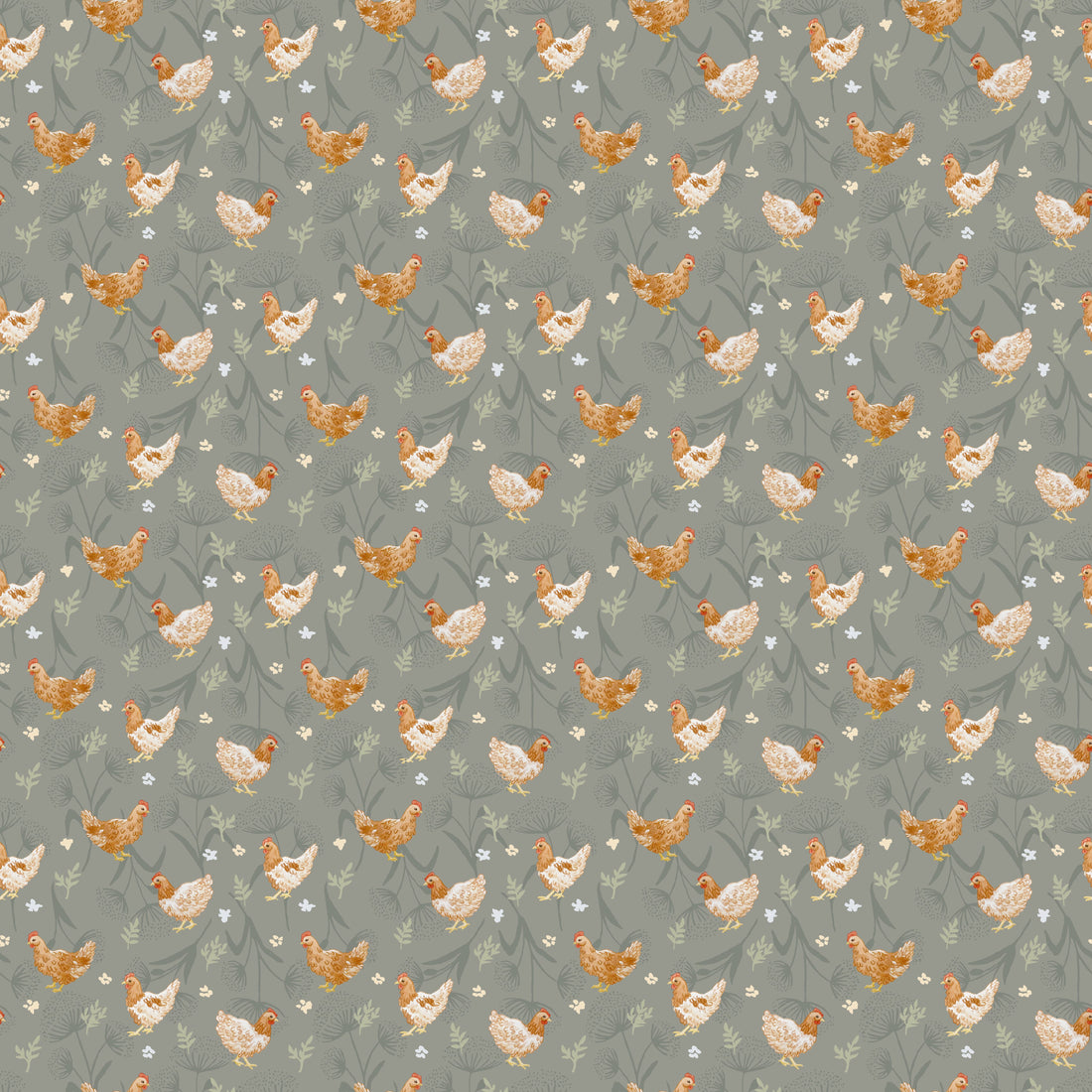Henrietta Removable Wallpaper in White, Blue-Grey, Orange and Green