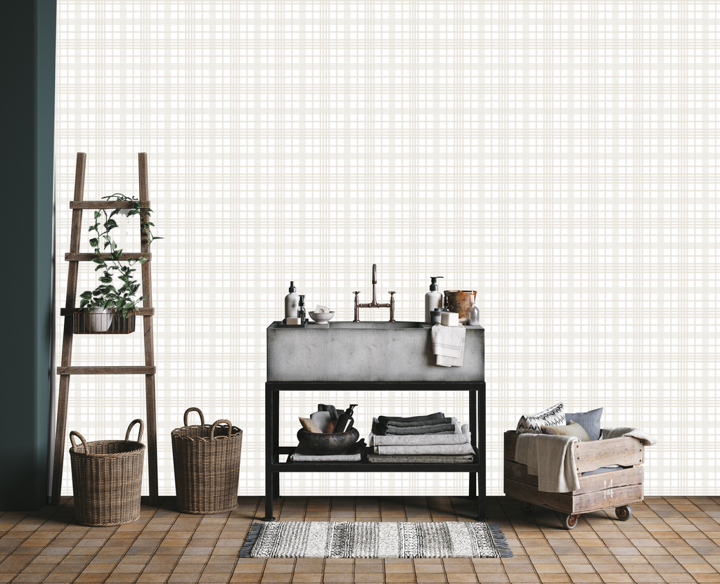 Henry Plaid Removable Wallpaper in White, Sage-Green, and Tan