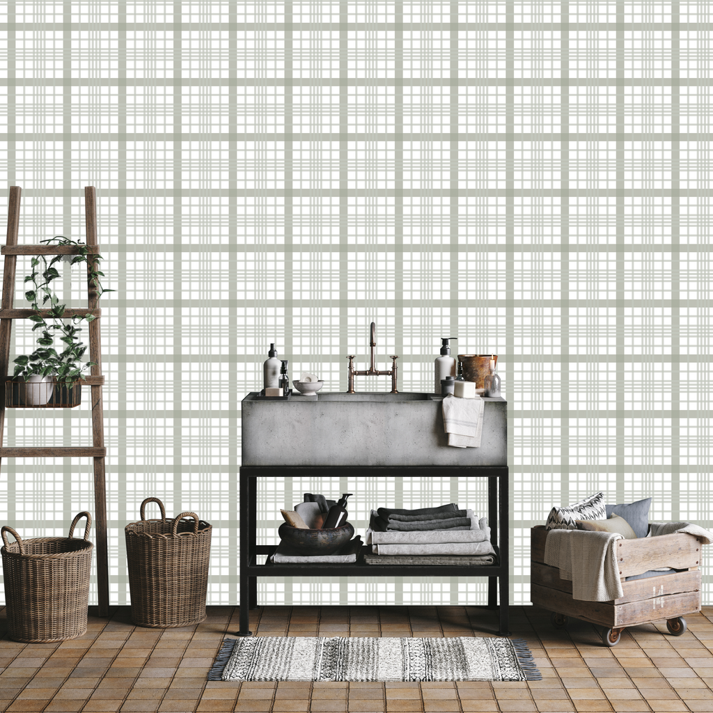 Henry Plaid Removable Wallpaper in White, Sage-Green, and Tan