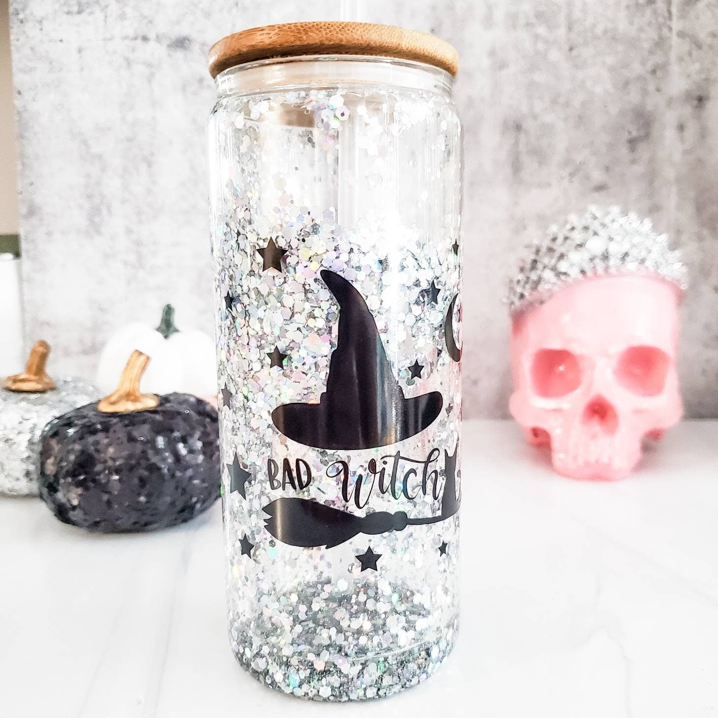 Here for the Boos Halloween Snowglobe Glitter Iced Coffee Cup