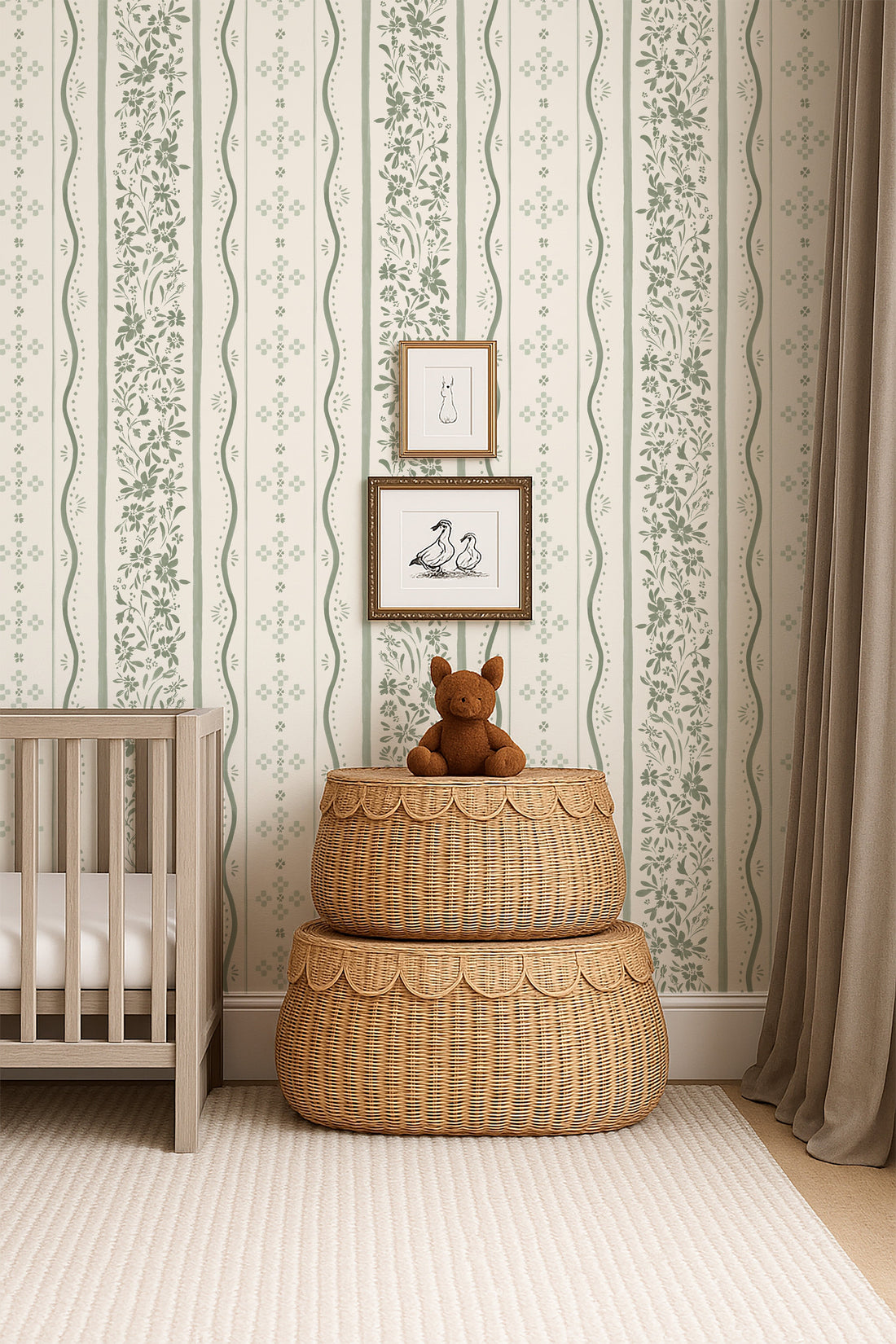 Blue White and Green Striped Traditional Wallpaper
