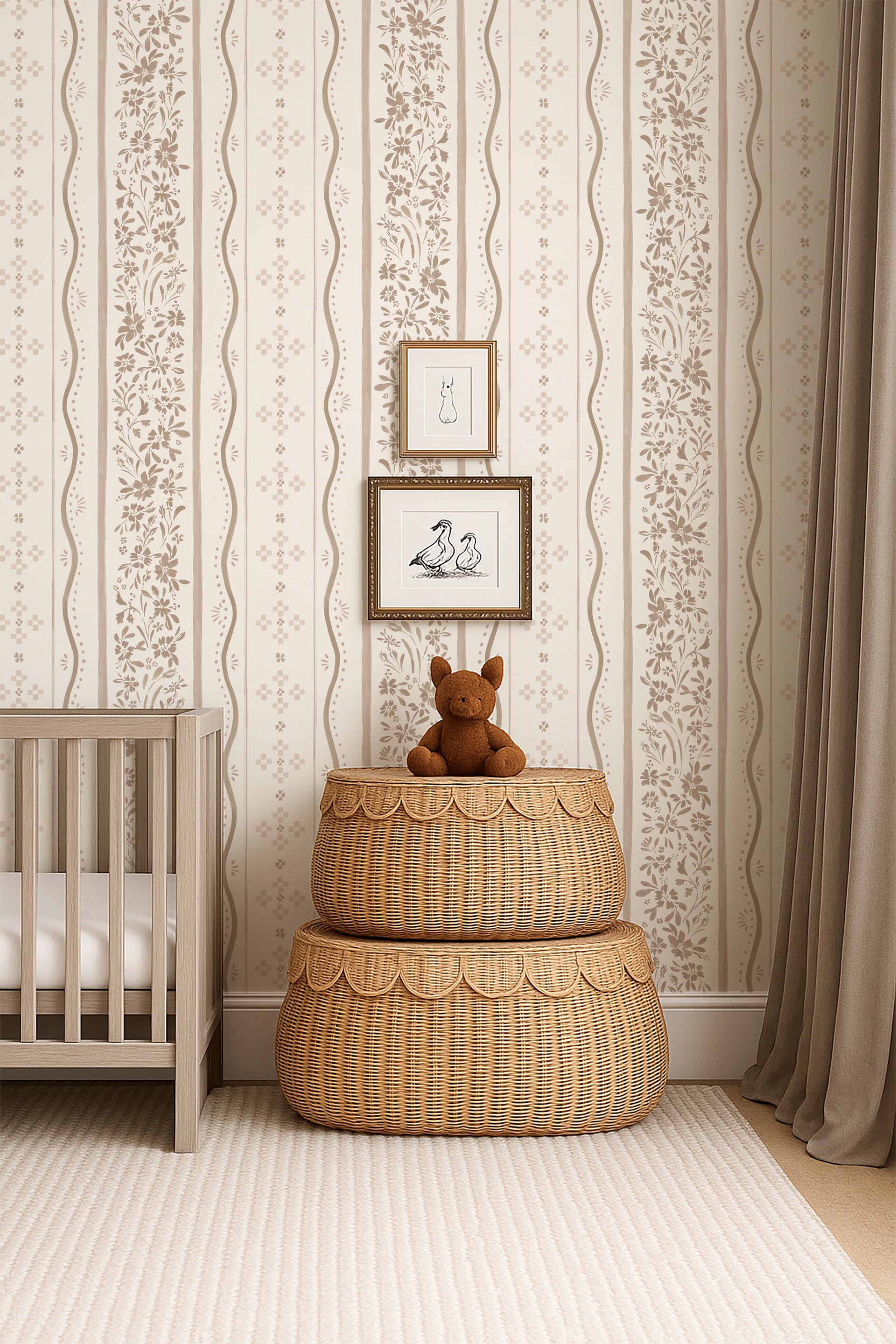 Blue White and Green Striped Traditional Wallpaper